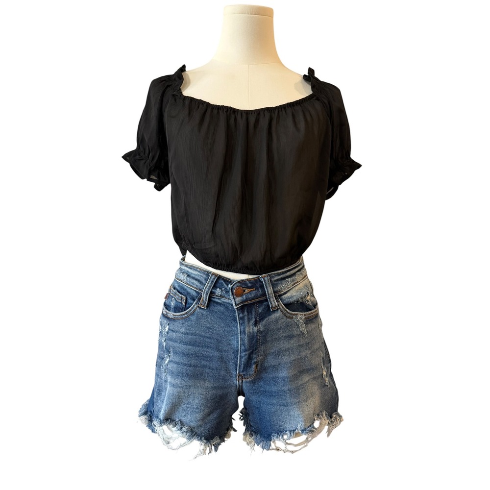 Cropped Ruffle Sleeve Blouse Black Medium Boho Cottagecore Festival Top Coquette